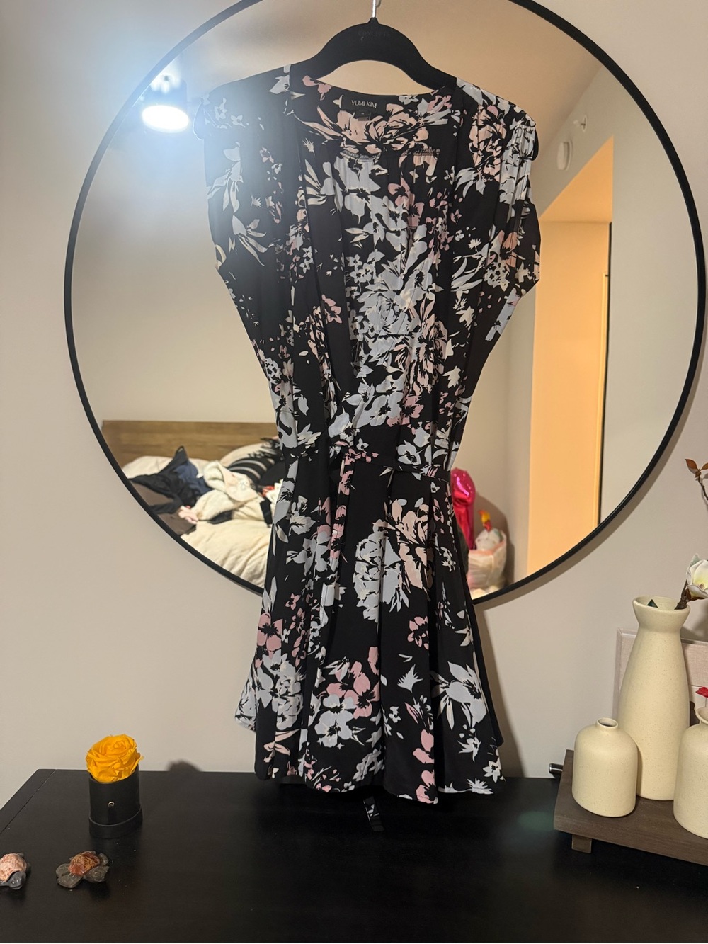 Yumi Kim Black Floral Silk Mini Dress with Pink & White Blossoms